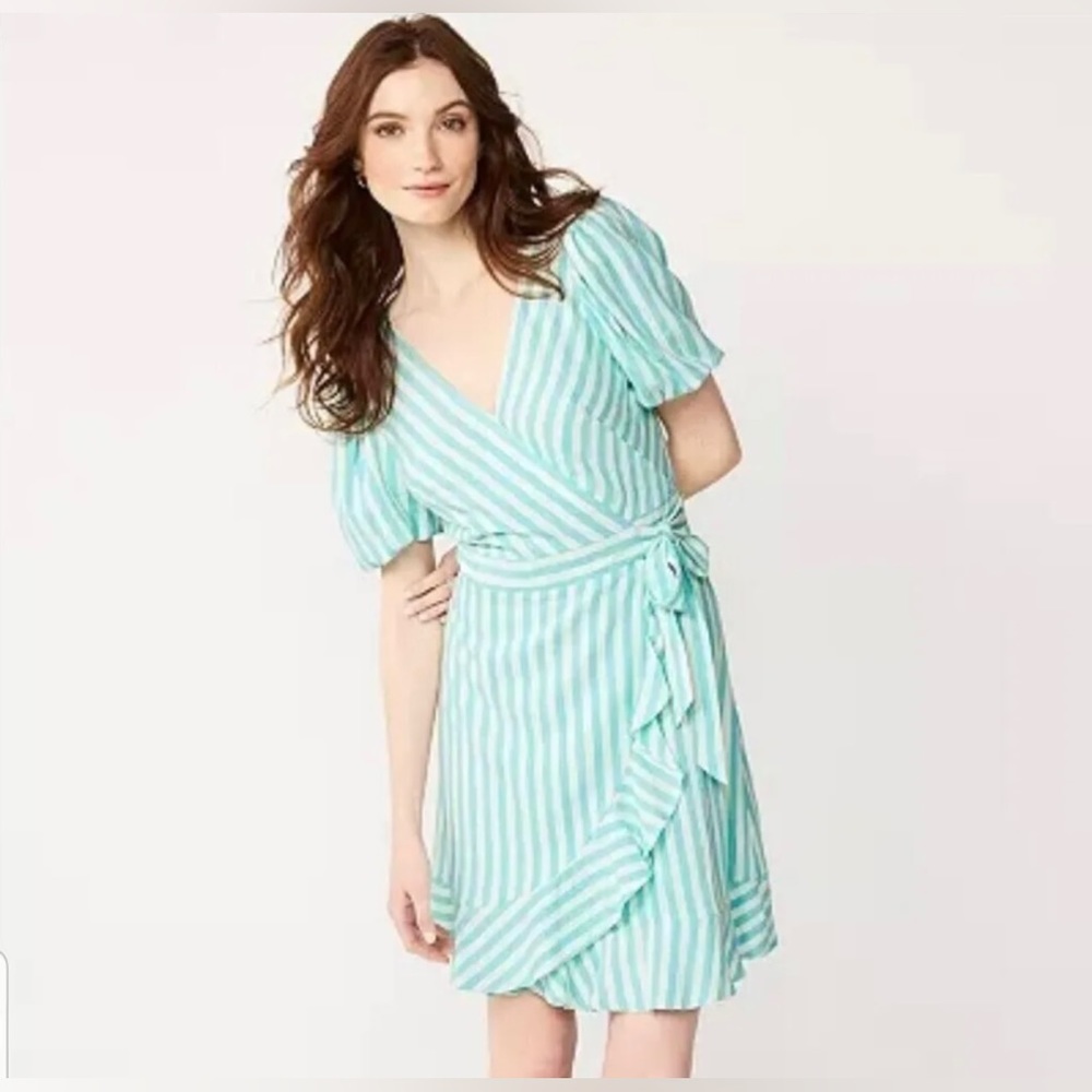 DRAPER JAMES RSVP Aqua White Striped Wrap Dress S NWOT